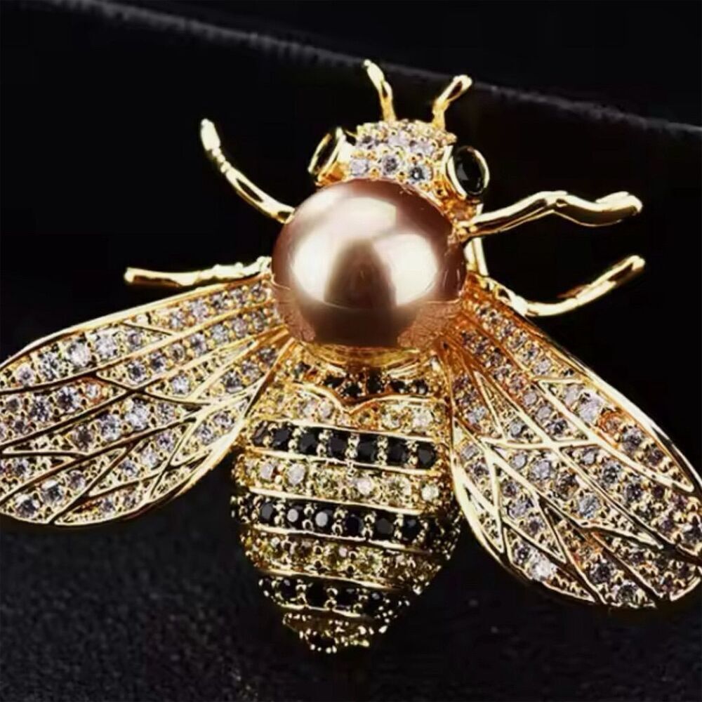 Exquisite Golden Bee Pearl Brooch Crystal Rhinestone Insect Pin - Picture 2 of 2
